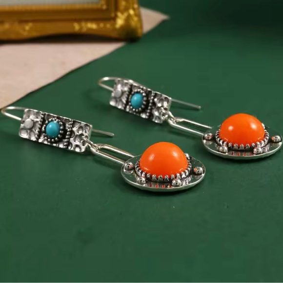 Orange and Silver Jewelry Bohemian Coral Color Drop Earrings Zinc Alloy Inlaid - Picture 3 of 5